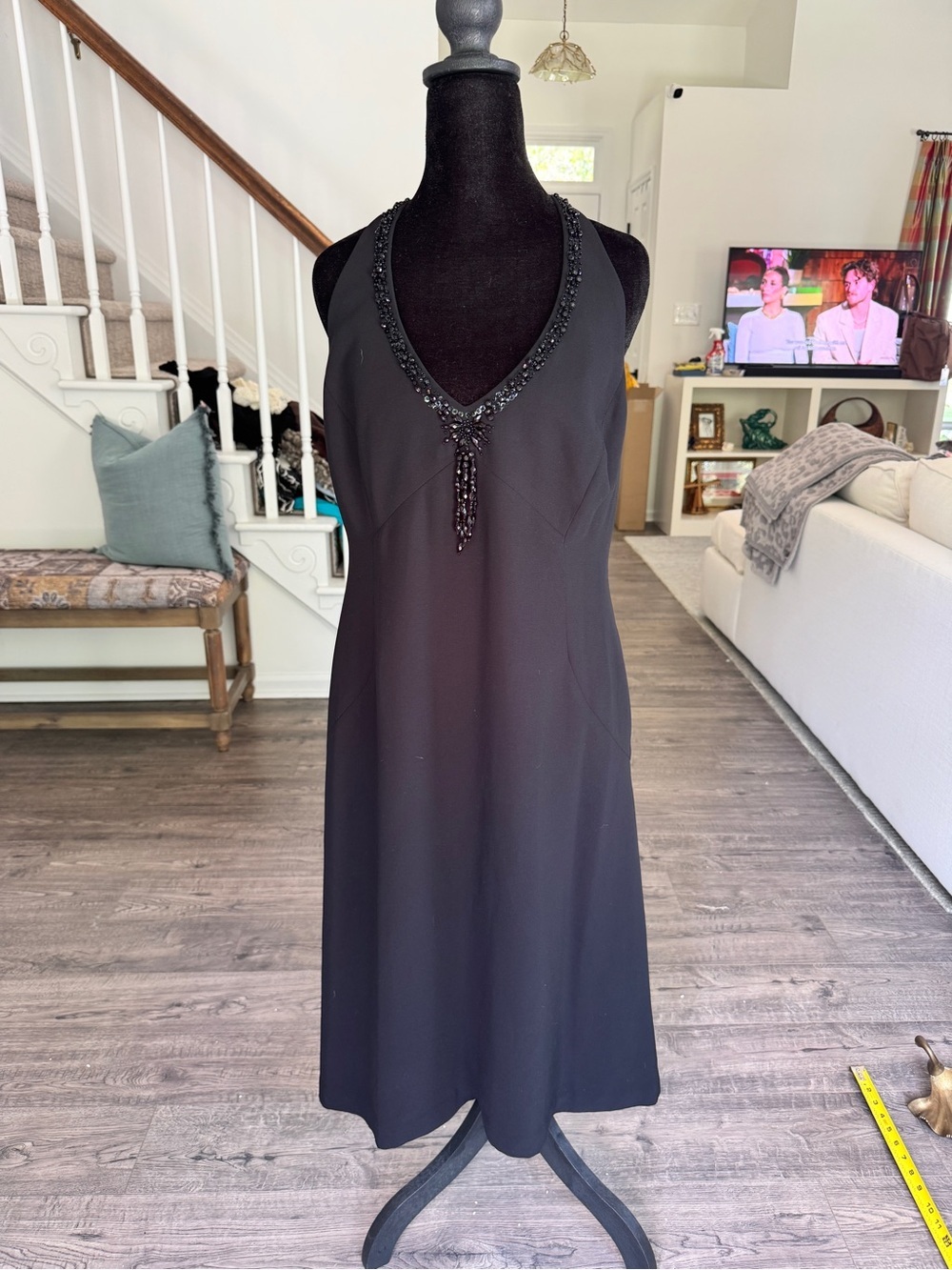 Evan Picone Black Sleeveless Beaded V-Neck Dress